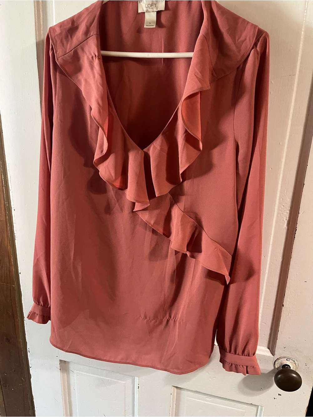 LOFT Ruffle V-Neck Blouse in Rose Clay